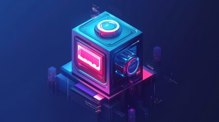 Futuristic data cube glowing, city background, digital storage, tech concept