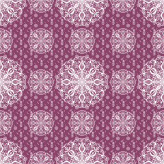 Seamless fabric pattern, white flowers like lace, many sizes, beautiful, cute on a maroon background.