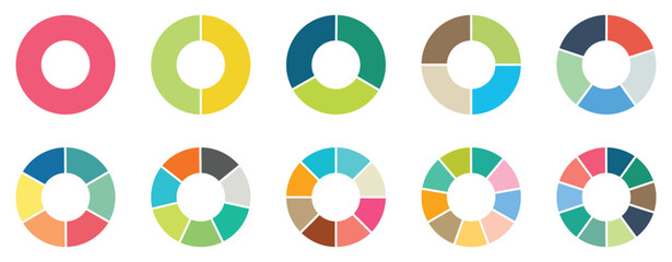 Circle pie chart diagram. Pie chart set, segmented circle icons. Pie chart divided 1,2,3,4,5,6,7,8,9,10, equal parts. Infographic wheel segment or section parts. Circle section graph. Vector icon set