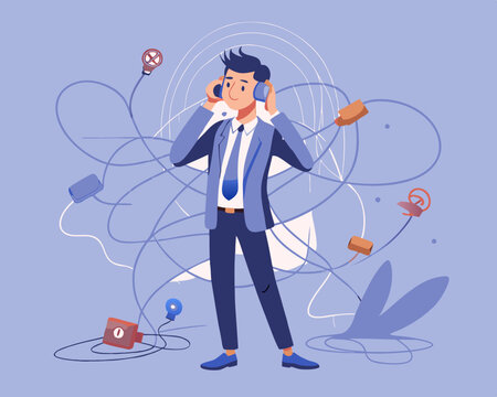 Bad communication, misunderstanding create confusion in work, miscommunicate unclear message and information concept, businessman talking through messy chaos, tangled phone line make other confused

