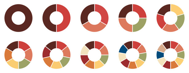 Pie chart set. Circle section graphs. Pie chart divided 1,2,3,4,5,6,7,8,9,10, equal parts. Wheel round diagram part symbol. Ring percentage diagram collection. Vector illustration 