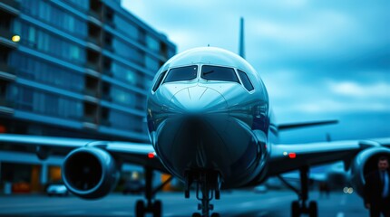 Fototapeta premium Close-up of airplane on tarmac in evening light.