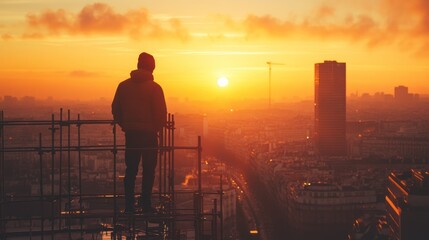 Fototapeta premium A person stands on a construction site, gazing at a vibrant sunset over the city skyline, evoking a sense of reflection and possibility.