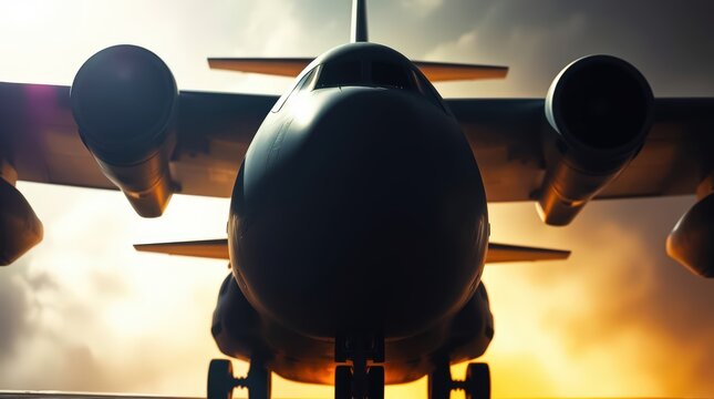Silhouetted airplane against a dramatic sunset sky.