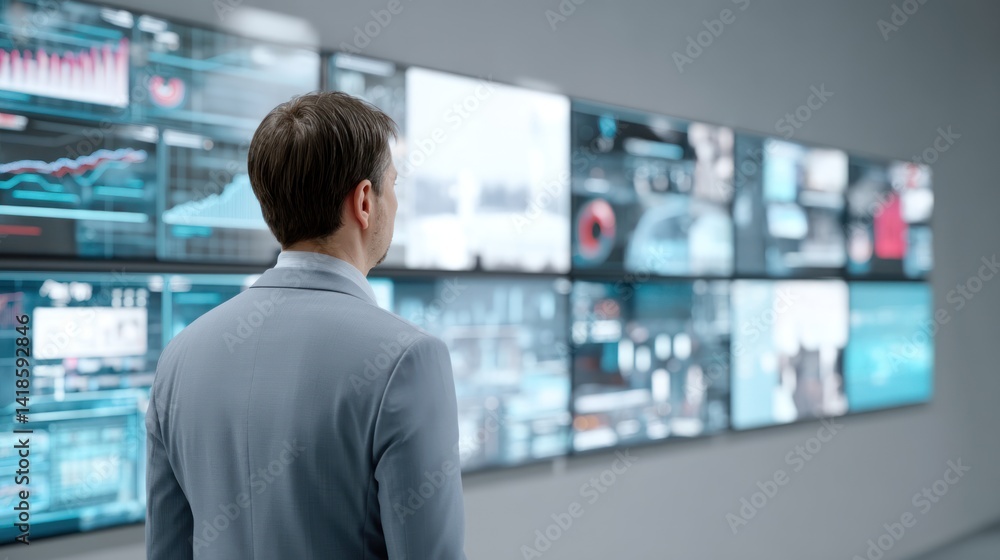 Poster a professional analyzing data on multiple screens in a modern office, showcasing advanced technology