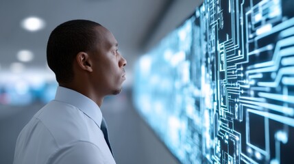 A professional observing digital technology, showcasing the interaction between humans and data in a modern environment.