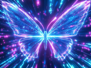 Obraz premium A vibrant butterfly composed of glowing light rays and dynamic arrows, representing swift performance and agility in the digital realm.