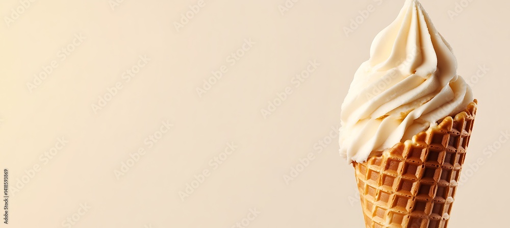 Poster tempting waffle cone filled with ice cream on a minimal beige backdrop featuring ample space for bra