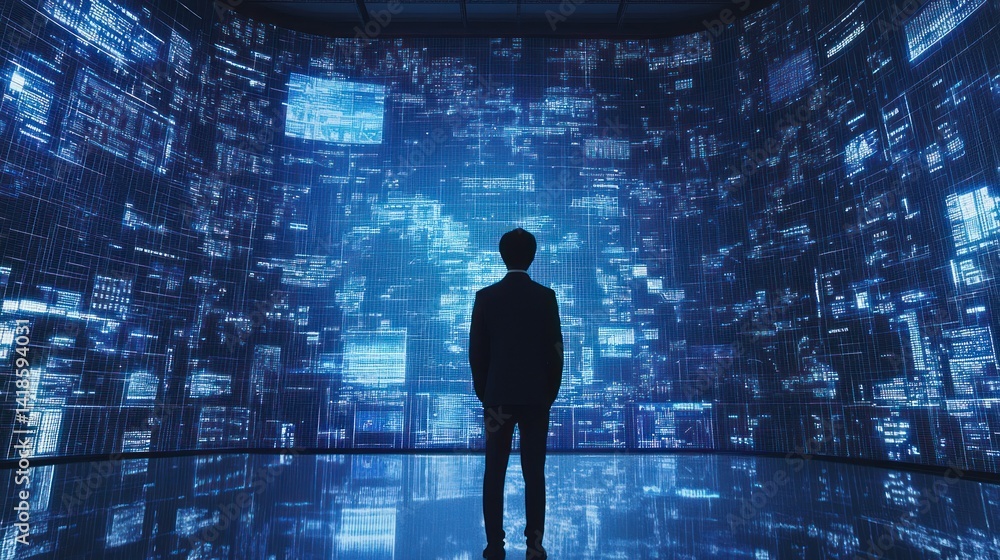 Poster a silhouette of a person standing in a digital environment filled with data visuals, representing in