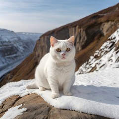Obraz premium Brave little white Cat standing near cliff AI Generated Image