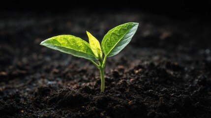 Fototapeta premium Green Seedling Emerging from Dark Soil with Natural Light Highlighting Fresh Leaves and Rich Earth for Growth and Renewal Themes in Nature Photography