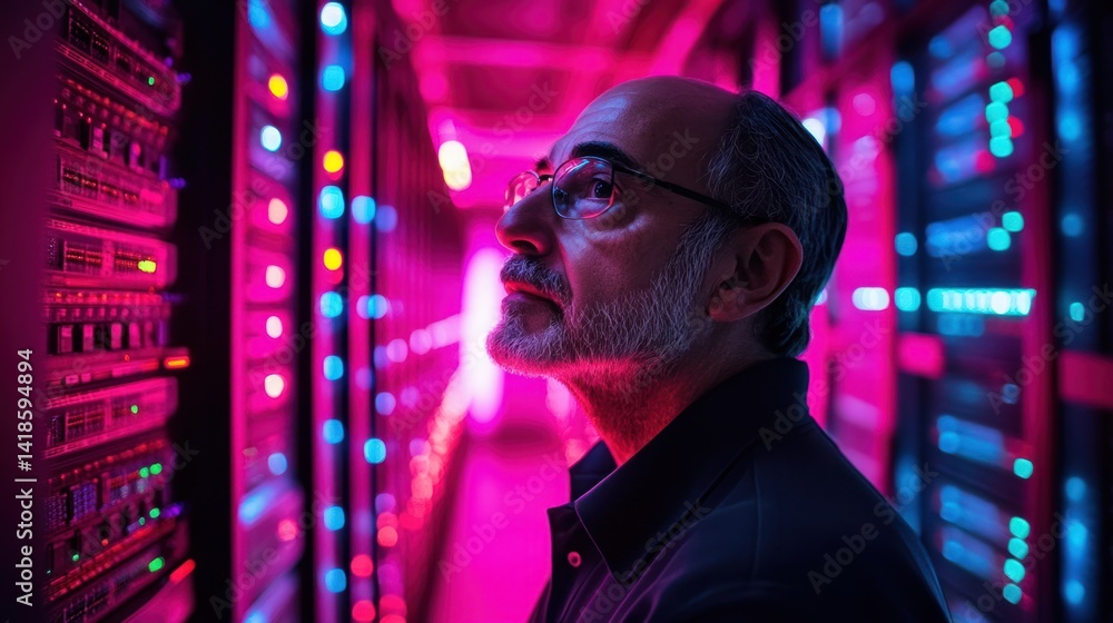 Poster a thoughtful man gazes at server racks illuminated by colorful lights, reflecting innovation in the 