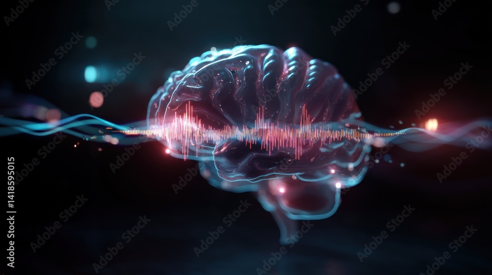 Poster a vibrant 3d digital rendering of a human brain surrounded by dynamic wave patterns, symbolizing tho