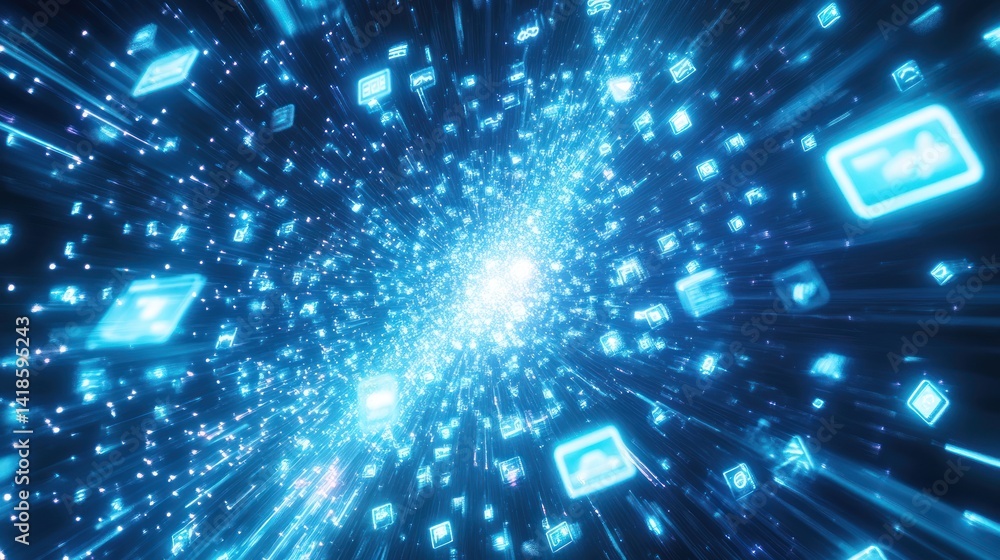 Poster a vibrant digital landscape showcasing glowing data streams and connections, representing advanced t