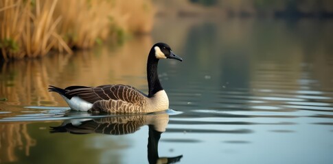 Goose floats on still lake water, reeds nearby, still water, rural, reeds