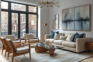 Fototapeta premium Living room in Sarah Hovering style with white walls, light wood floors, beige sofa, rosewood chairs, antique brass chandelier, and abstract art.