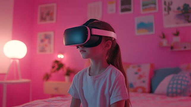 A young girl wearing a vr headset in a pink room with a lamp and decorations on the wall behind her - Powered by Adobe