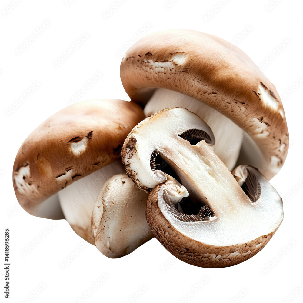 Poster mushrooms isolated on a black background displaying their natural shape and texture isolated on a wh