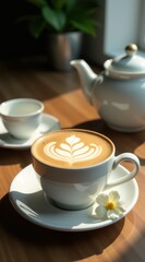 Elegant cappuccino with intricate latte art in a white cup beside a teapot and cookies on a wooden table near a window