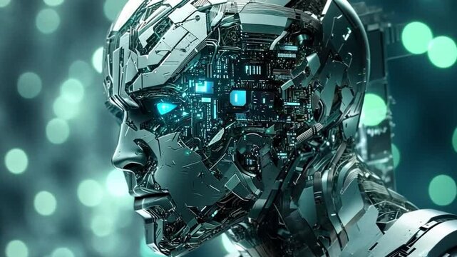 Futuristic robotic head with glowing blue eyes