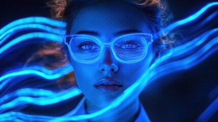 Fototapeta premium A woman with glasses illuminated by vibrant neon lights, showcasing a futuristic and artistic aura in contemporary aesthetics.