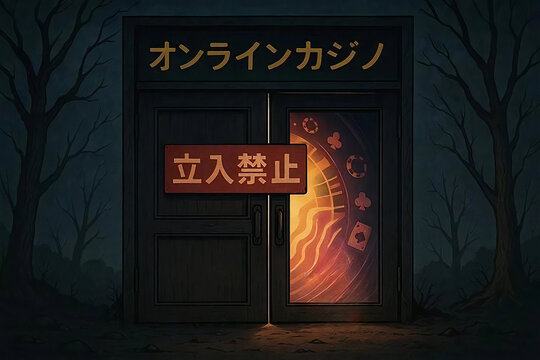 オンラインカジノの違法性を訴えているイラスト、扉が『立ち入り禁止』のサインで閉ざされていて、扉の向こうからカジノの華やかな光が漏れ出しその光が不気味に歪んでいる。