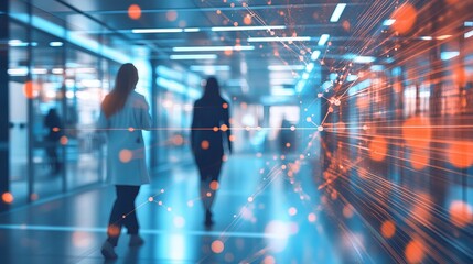 Fototapeta premium People walking in a futuristic hallway with digital network overlay and bright blue lighting effects