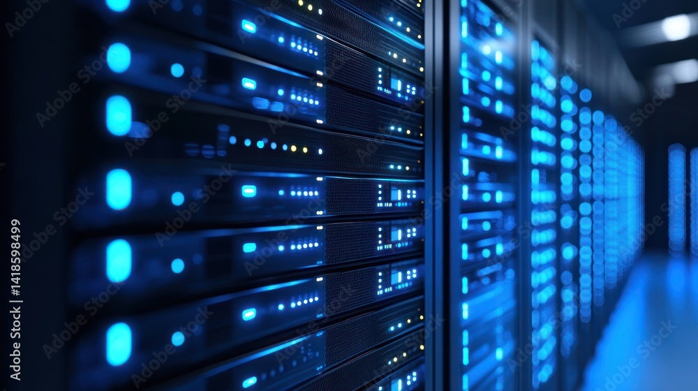 Poster close-up of high-tech server racks with illuminated indicators, showcasing modern data storage solut
