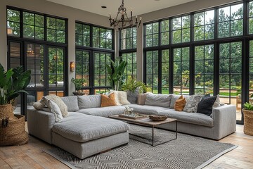 Modern living room with herringbone-patterned black and white rug, grey sofa, glass coffee table, chandelier, and large windows in mid-century modern style.