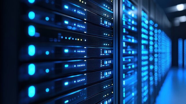 Close-up of high-tech server racks with illuminated indicators, showcasing modern data storage solutions in a digital environment.