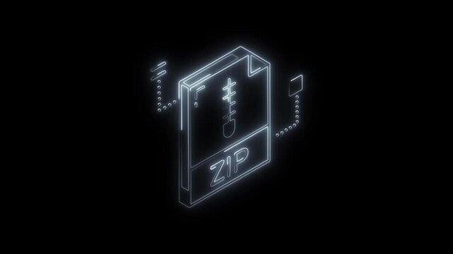 Glowing neon zip file icon 4k  isolated on black background. HD Video motion graphic animation