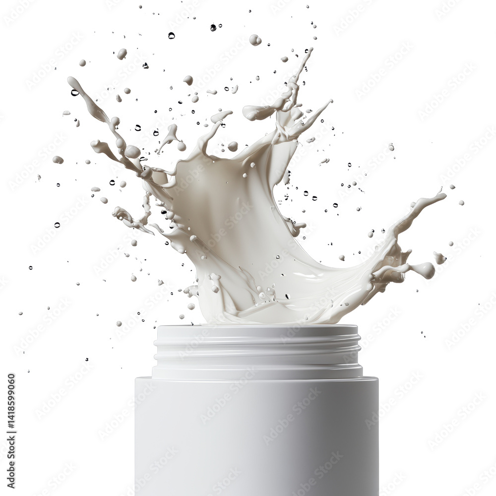 Poster white jar with milk splashing out against a plain background creating a dynamic and fresh scene isol