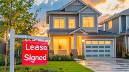 Fototapeta premium Suburban home with a 'Lease Signed' sign during a picturesque sunset glow, indicating property rental