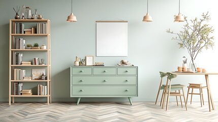 Fototapeta premium Elegant room with mint dresser, bookshelf, dining table, and art. Light and airy decor