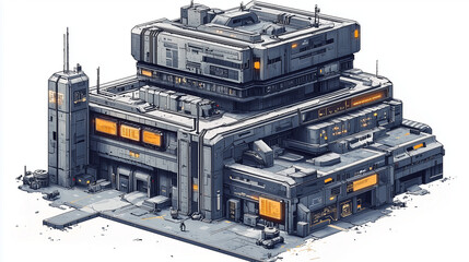 Futuristic sci fi building with glowing lights, detailed architecture, and industrial design on white background.