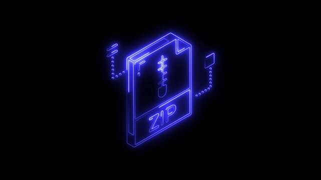 Glowing neon zip file icon 4k  isolated on black background. HD Video motion graphic animation