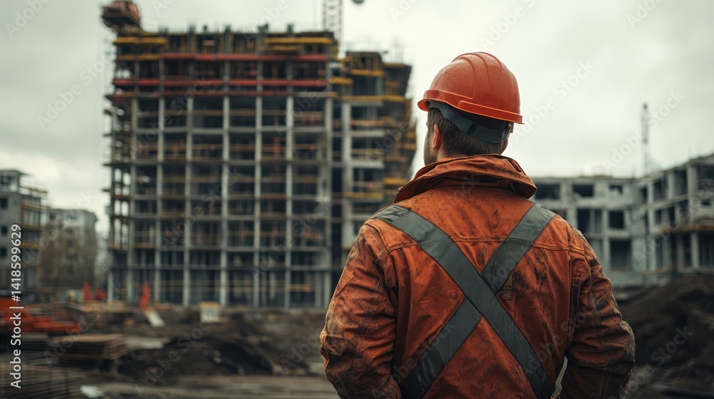 Poster construction worker observes the building site, highlighting the dedication and progress in modern a