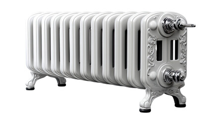 Fototapeta premium Isolated on white, a metal heating radiator and an electric air conditioner represent temperature control equipment for home comfort in winter and summer