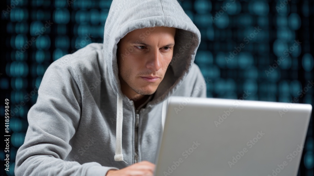 Poster focused individual in a hoodie working intently on a laptop, surrounded by digital data streams, emb