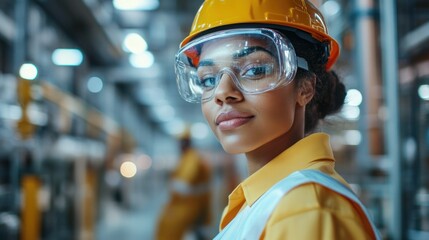 Portrait of a confident female worker in safety gear, showcasing professionalism and commitment in a modern industrial environment.