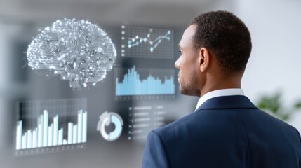 Professional man analyzing data visualizations with a digital brain interface, symbolizing the intersection of technology and intelligence.