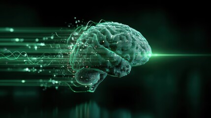 This digital artwork illustrates a futuristic brain, representing advanced cognition and technology, with vibrant green energy.