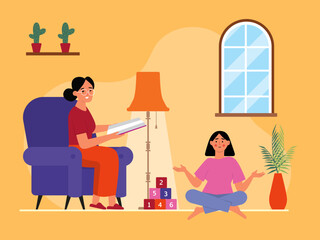 Grandmother sitting in a chair reading a book to daughter on the floor. Family illustration. Flat vector illustration concept.