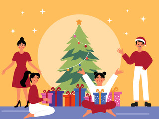 Merry Christmas with the family of daughters, mother and father. Family illustration. Flat vector illustration concept.
