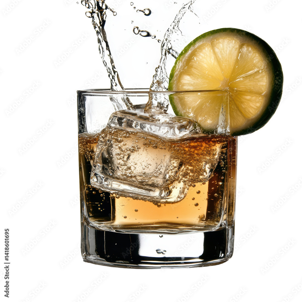 Poster glass of whiskey with a lime slice on a wooden table with a blurred background isolated on a white b