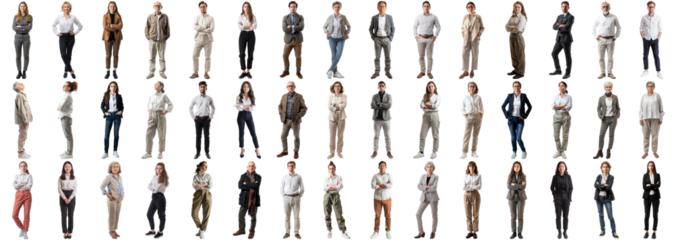 Many business people set isolated background, casual formal attire wear, full body length, networking mixed different diversed businesspeople, happy male female, successful career, crisp edges style