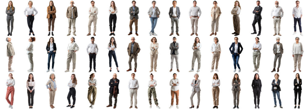 Many business people set isolated background, casual formal attire wear, full body length, networking mixed different diversed businesspeople, happy male female, successful career, crisp edges style