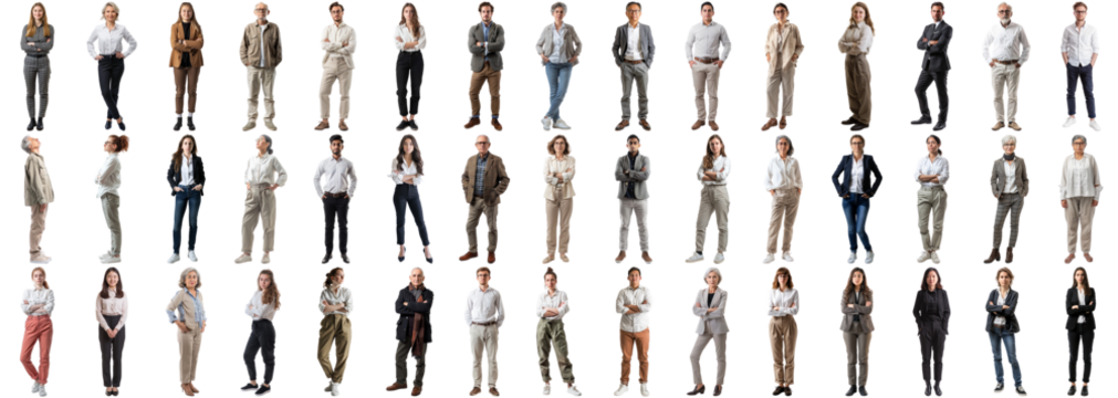 Many business people set isolated background, casual formal attire wear, full body length, networking mixed different diversed businesspeople, happy male female, successful career, crisp edges style