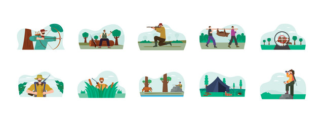 Hunter set illustration. Flat vector illustration concept.