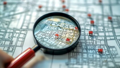 Urban planner examines map with magnifying glass to find suitable plot for residential construction project. Searching vacant land for development. Concept of real estate investment, land management.,
